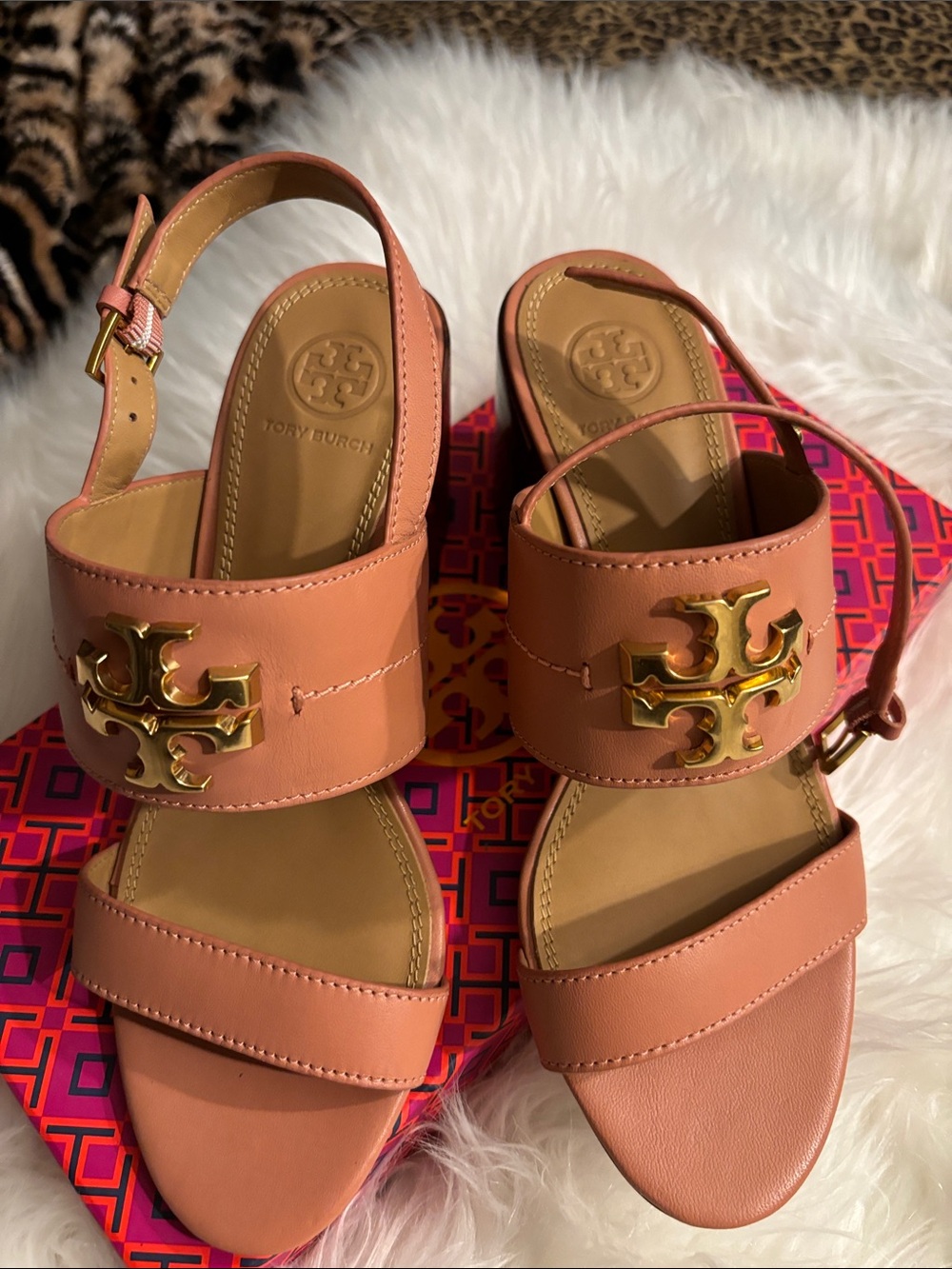 Tory Burch Peach Leather Gold-Logo Slingback Sandals